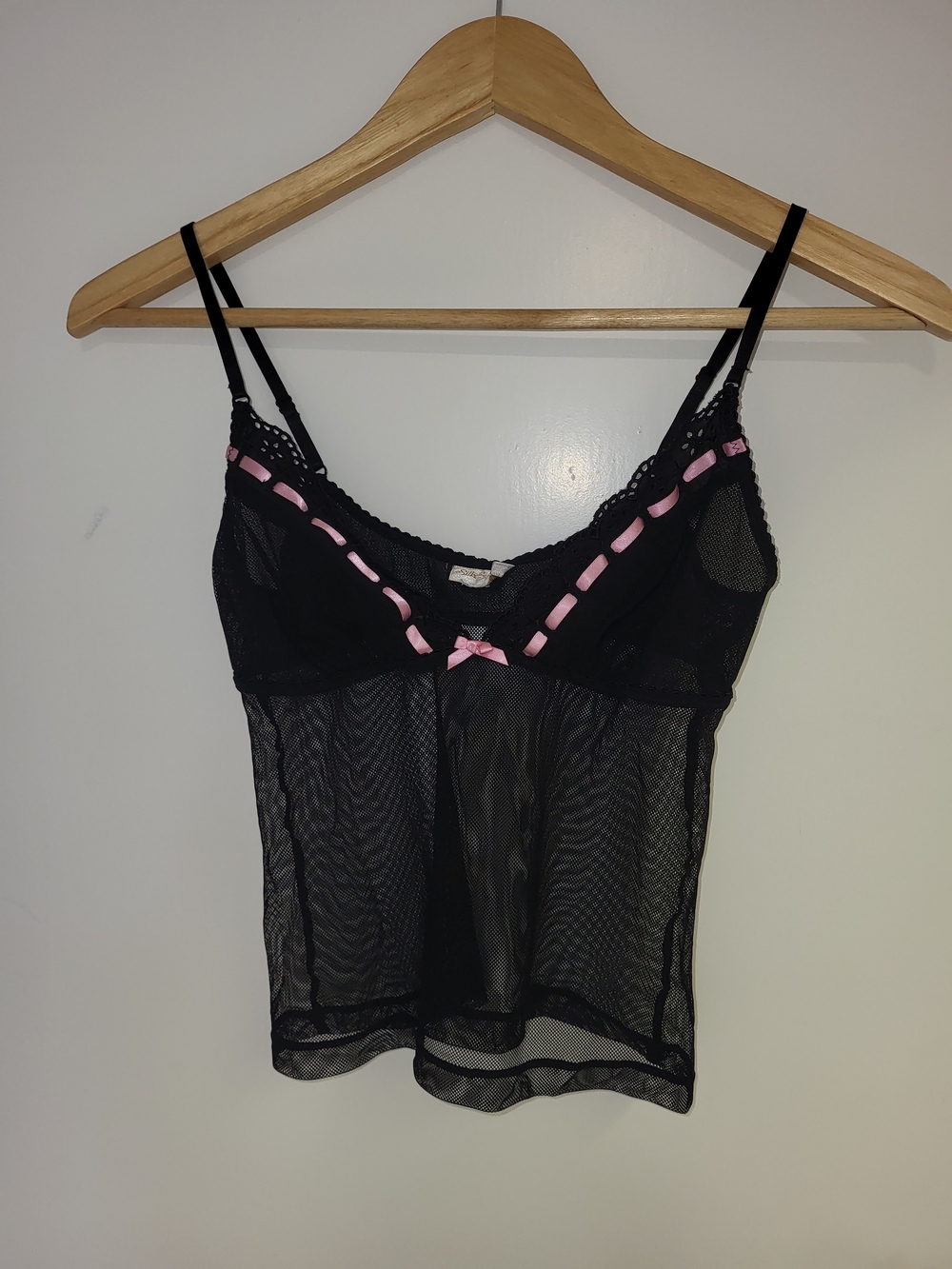 Sheer Black Mesh Chemise with Pink Ribbon Trim